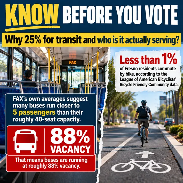 Know Before You Vote: Why 25% for transit and who is it actually serving? Less than 1% of Fresno residents commute by bike, and FAX buses run at roughly 88% vacancy.
