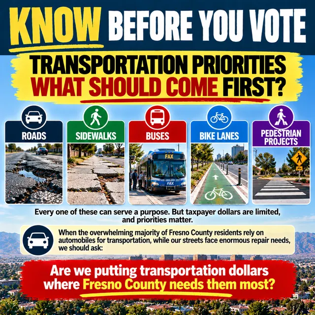 Know Before You Vote: Transportation priorities, what should come first? Roads, sidewalks, buses, bike lanes or pedestrian projects. Are we putting transportation dollars where Fresno County needs them most?