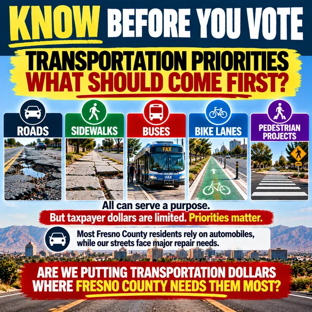 Know Before You Vote: Transportation priorities, what should come first? All can serve a purpose, but taxpayer dollars are limited and priorities matter. Are we putting transportation dollars where Fresno County needs them most?