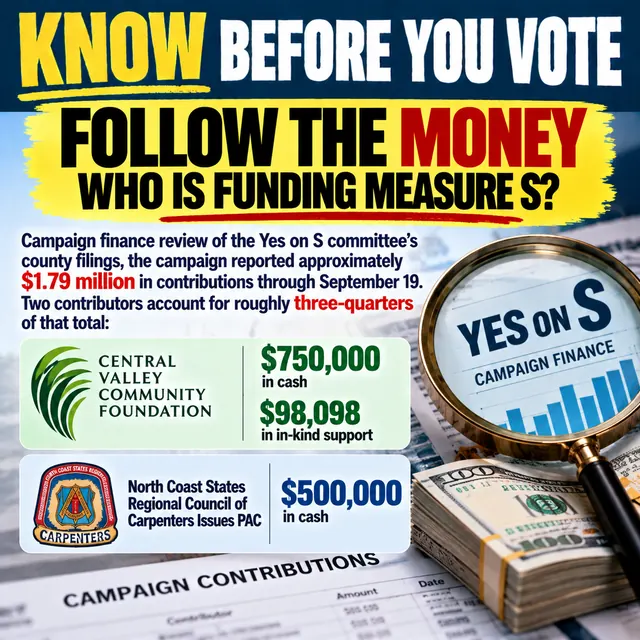 Know Before You Vote: Follow the money. Who is funding Measure S? About $1.79 million in contributions through September 19, with two contributors accounting for roughly three-quarters.