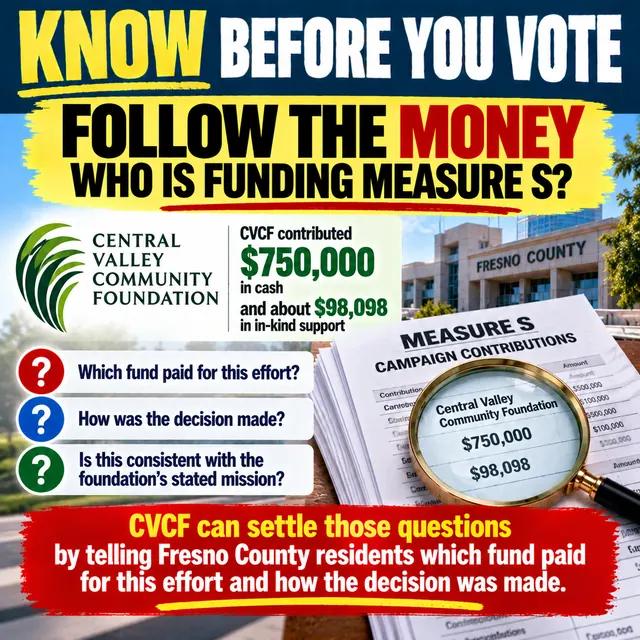 Know Before You Vote: Follow the money. Central Valley Community Foundation contributed $750,000 in cash and about $98,098 in in-kind support. Which fund paid for this effort, and how was the decision made?