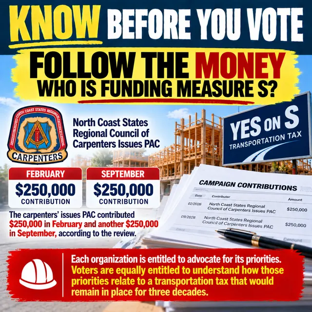 Know Before You Vote: Follow the money. The North Coast States Regional Council of Carpenters Issues PAC contributed $250,000 in February and another $250,000 in September.