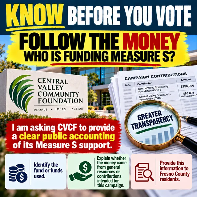 Know Before You Vote: Follow the money. A call for CVCF to provide a clear public accounting of its Measure S support: identify the funds used and provide this information to Fresno County residents.