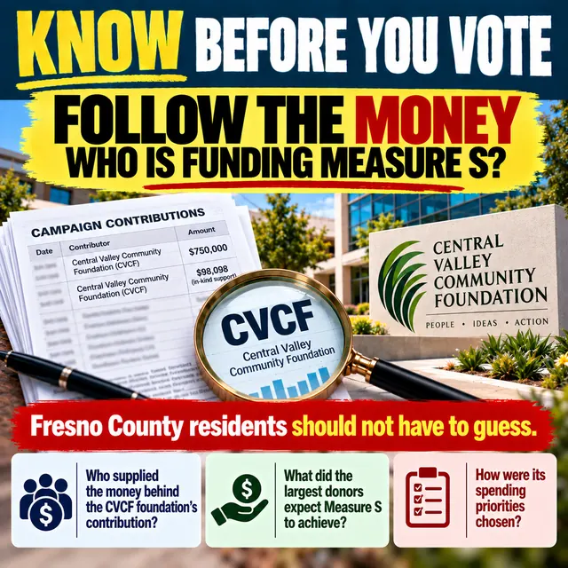 Know Before You Vote: Follow the money. Fresno County residents should not have to guess who supplied the money behind CVCF’s contribution and what the largest donors expect Measure S to achieve.